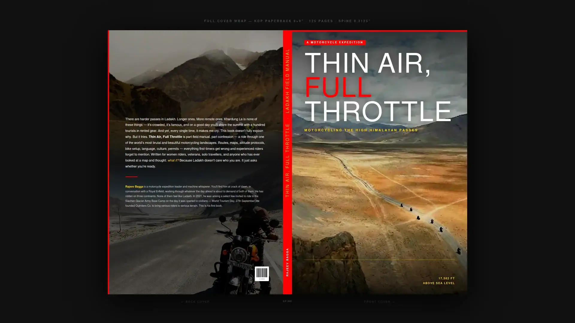 Motorcycle rider on mountain road with scenic landscape background.