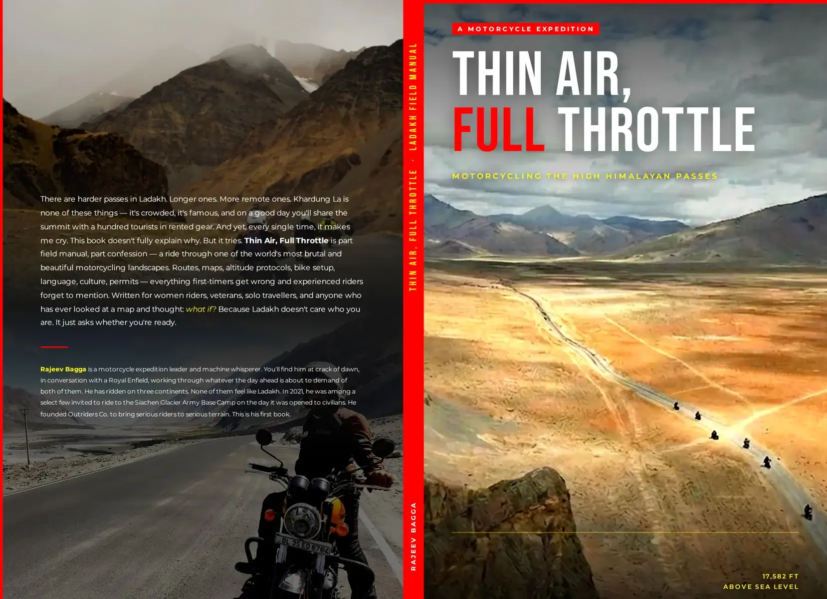 Scenic Himalayan landscape with motorcycle riders on a winding mountain road.